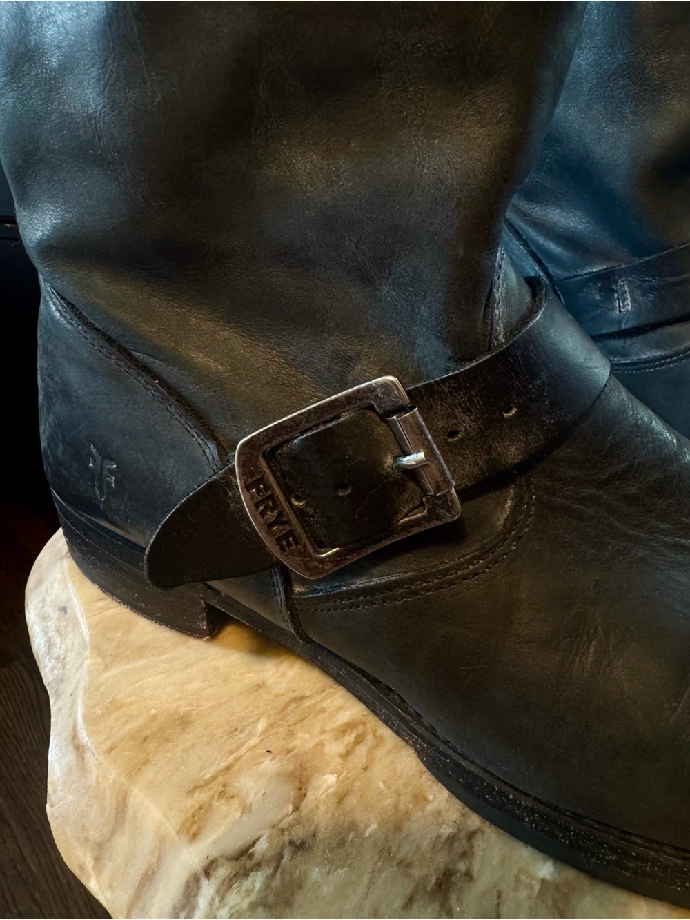 Frye Black Leather Veronica distressed Boots with Buckle - Picture 2 of 8